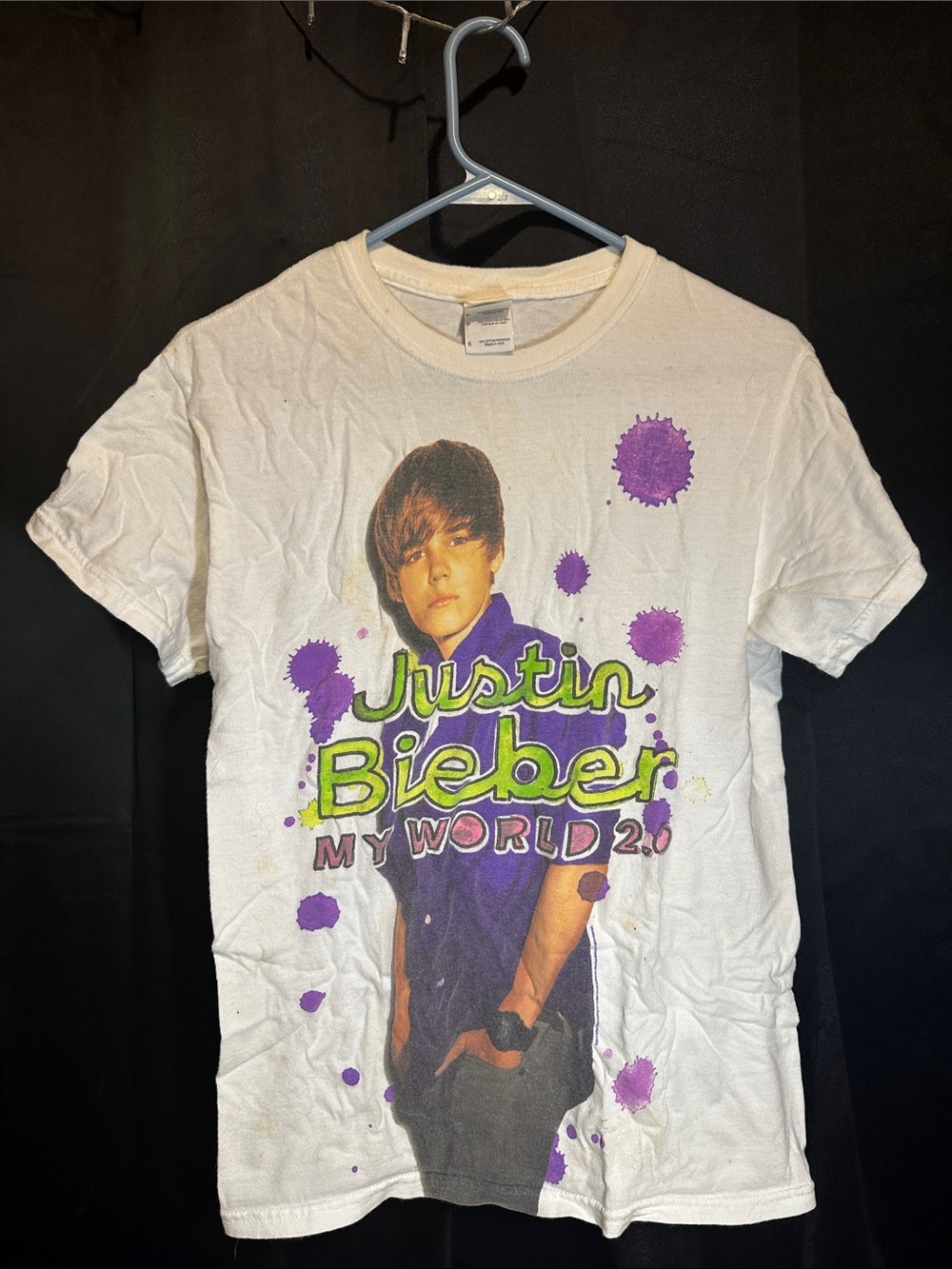 Justin Bieber White Shirt. Purple & Green Print